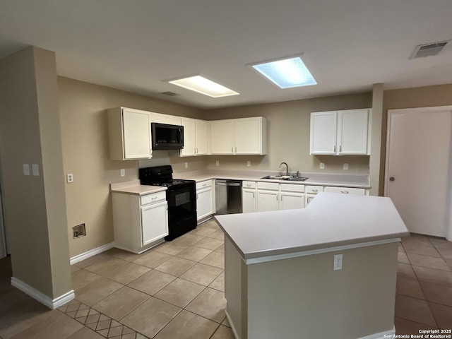 kitchen with sink, white cabinetry, black range with electric stovetop, a kitchen island, and stainless steel dishwasher