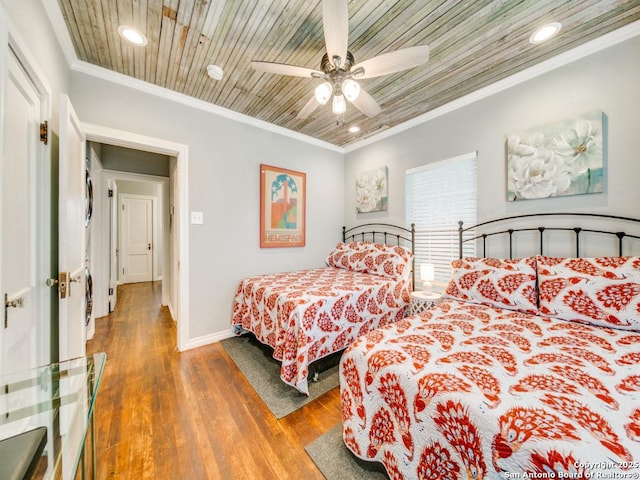 bedroom featuring crown molding, ceiling fan, wood ceiling, and wood-type flooring