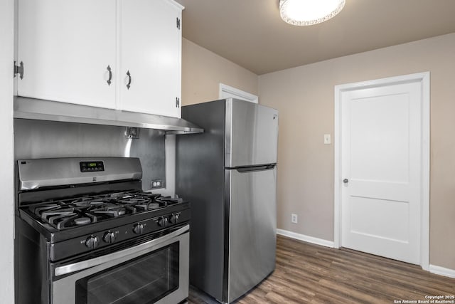 kitchen featuring stainless steel appliances, ventilation hood, dark wood-type flooring, and white cabinets