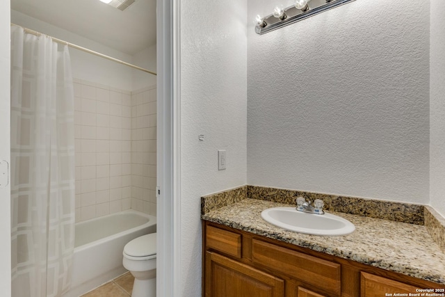 full bathroom with shower / tub combo, vanity, toilet, and tile patterned flooring