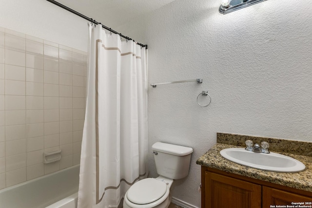 full bathroom featuring vanity, shower / bathtub combination with curtain, and toilet