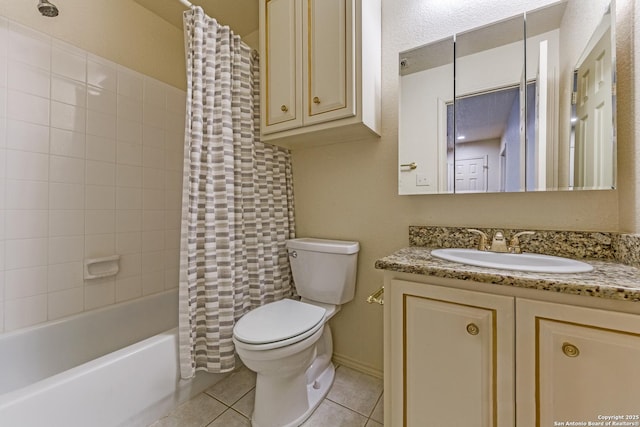 full bathroom featuring tile patterned flooring, vanity, toilet, and shower / bathtub combination with curtain