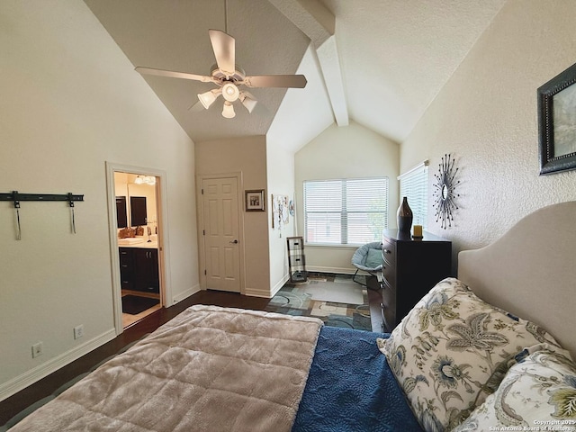 bedroom featuring ceiling fan, connected bathroom, beam ceiling, and high vaulted ceiling