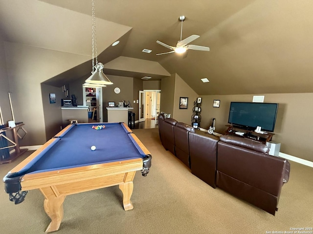 playroom with pool table, vaulted ceiling, ceiling fan, and carpet