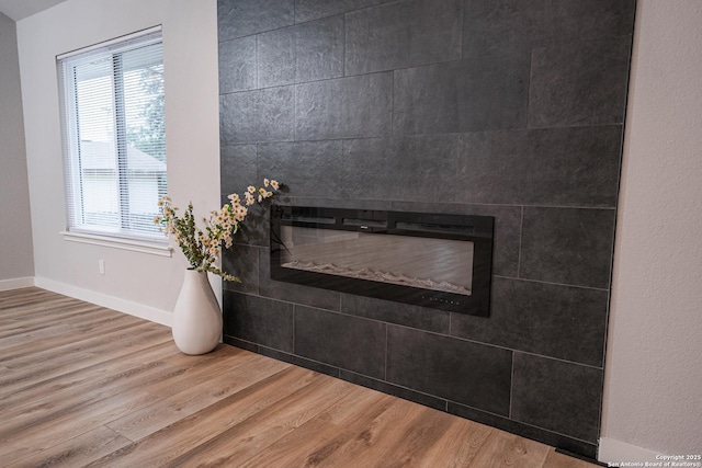 interior details featuring a fireplace and wood-type flooring