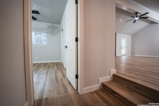 hall featuring wood-type flooring and lofted ceiling