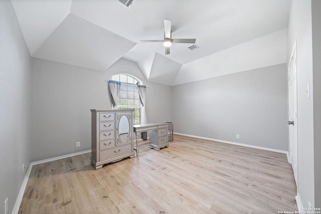 bonus room featuring lofted ceiling, ceiling fan, and light wood-type flooring