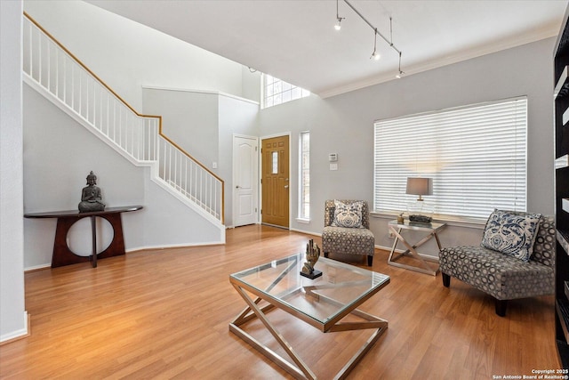 living room with a towering ceiling, wood-type flooring, track lighting, and ornamental molding