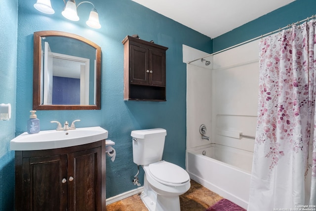 full bathroom featuring vanity, shower / bath combination with curtain, tile patterned floors, and toilet