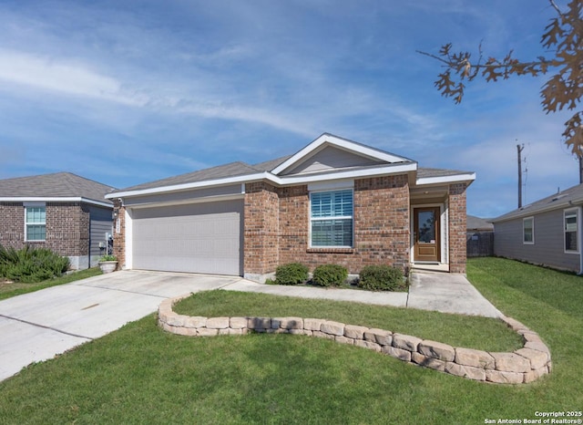 single story home featuring a garage and a front yard