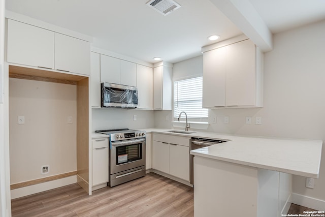 kitchen featuring white cabinetry, sink, stainless steel appliances, and light wood-type flooring