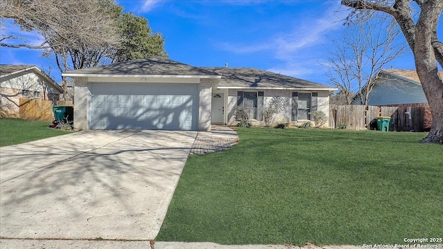 ranch-style house with a garage and a front lawn