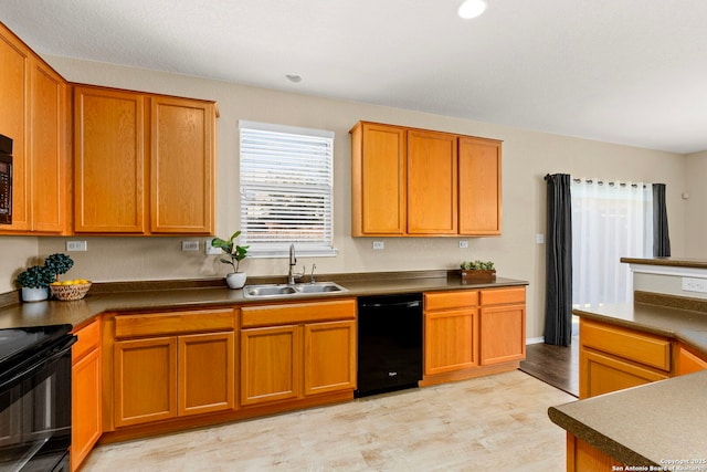 kitchen with sink, light hardwood / wood-style flooring, and black appliances