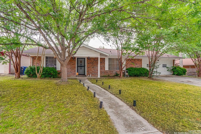 ranch-style house with a garage and a front lawn