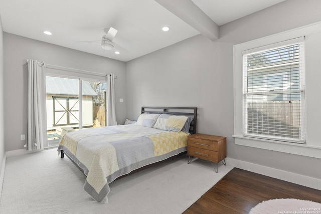 bedroom featuring hardwood / wood-style floors, access to exterior, and ceiling fan