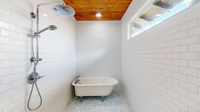 bathroom featuring tile walls, tile patterned floors, wooden ceiling, and plus walk in shower