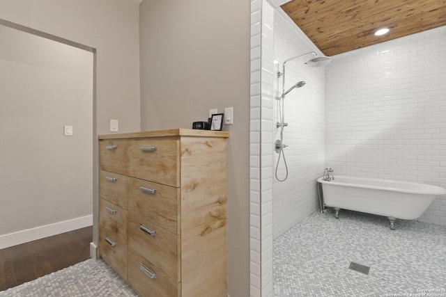 bathroom featuring wood ceiling, wood-type flooring, and independent shower and bath