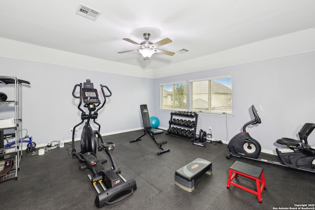 workout area with ceiling fan