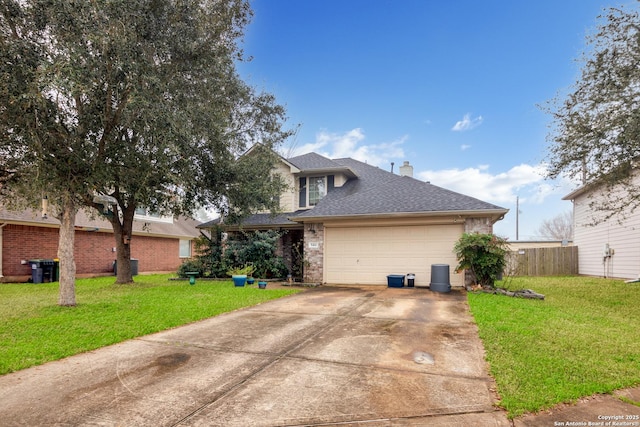 exterior space with a garage and a lawn