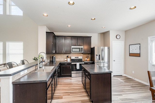 kitchen featuring appliances with stainless steel finishes, sink, backsplash, a center island, and light wood-type flooring