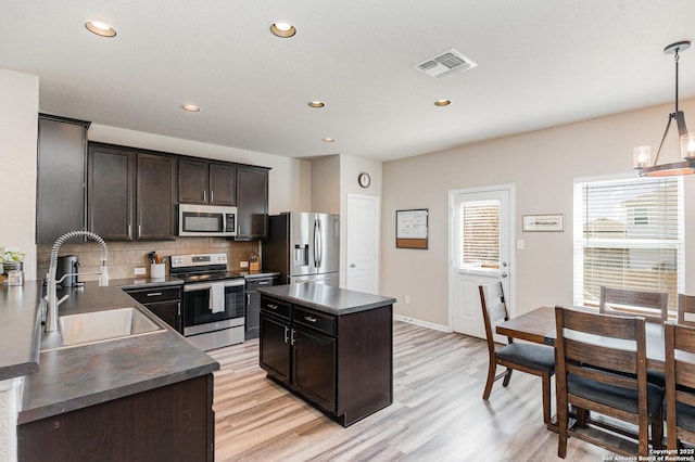 kitchen featuring sink, tasteful backsplash, decorative light fixtures, a kitchen island, and stainless steel appliances