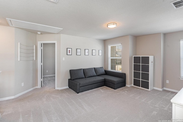 carpeted living room with a textured ceiling