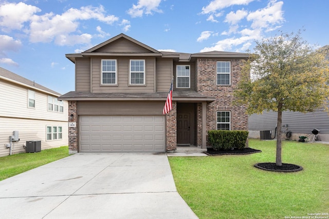 view of front of house featuring a garage, central AC, and a front yard