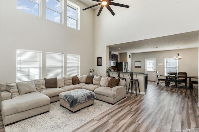 living room featuring hardwood / wood-style floors and ceiling fan with notable chandelier