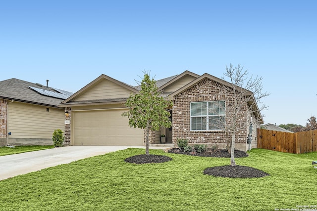 single story home with a garage and a front yard