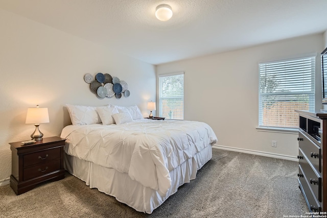 bedroom with carpet flooring and a textured ceiling