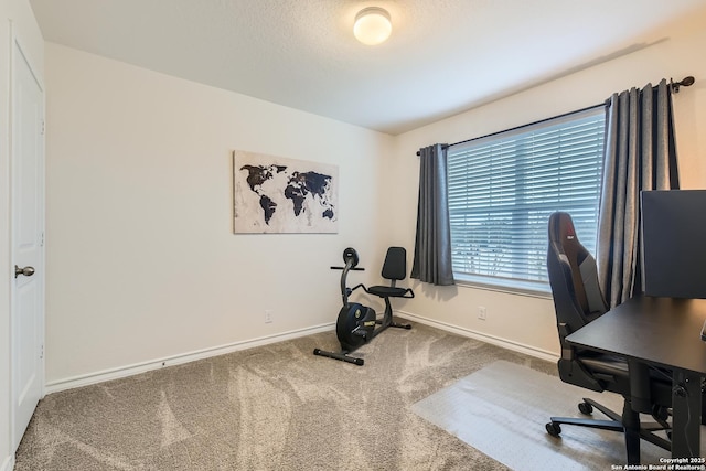 home office with carpet flooring and a textured ceiling