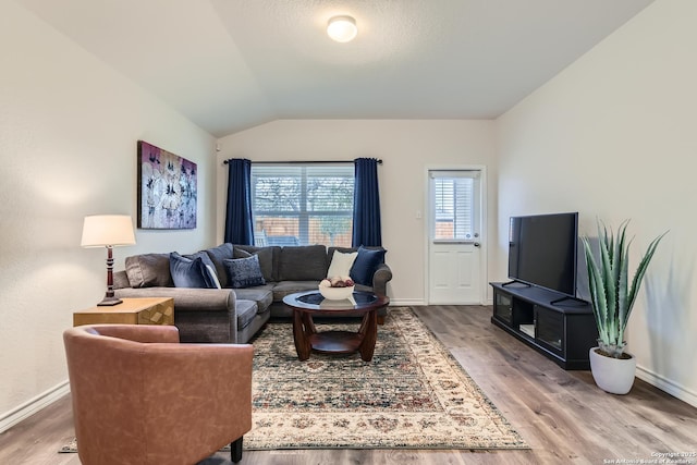 living room featuring wood-type flooring and lofted ceiling