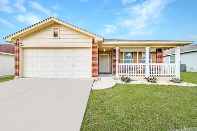 single story home with a porch, a garage, a front lawn, and central air condition unit