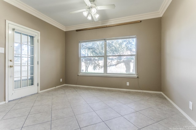 unfurnished room with light tile patterned flooring, ceiling fan, and ornamental molding