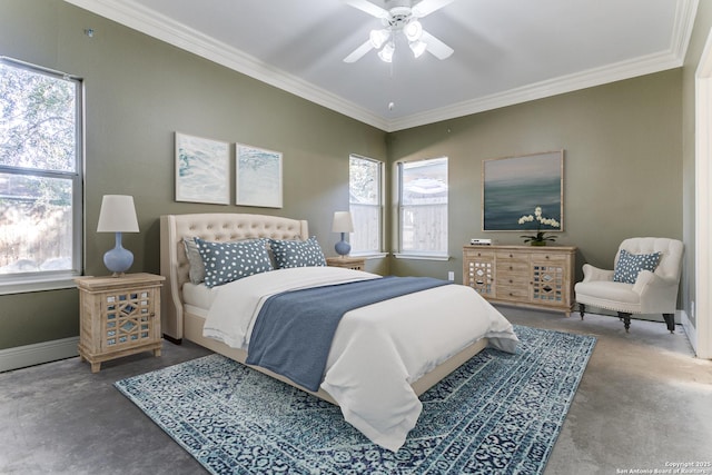 bedroom featuring multiple windows, ornamental molding, and ceiling fan