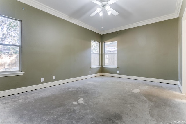 empty room featuring crown molding, concrete floors, and ceiling fan