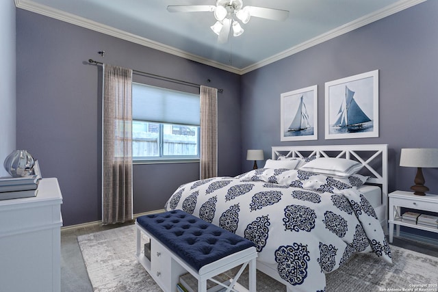 bedroom featuring ceiling fan and ornamental molding