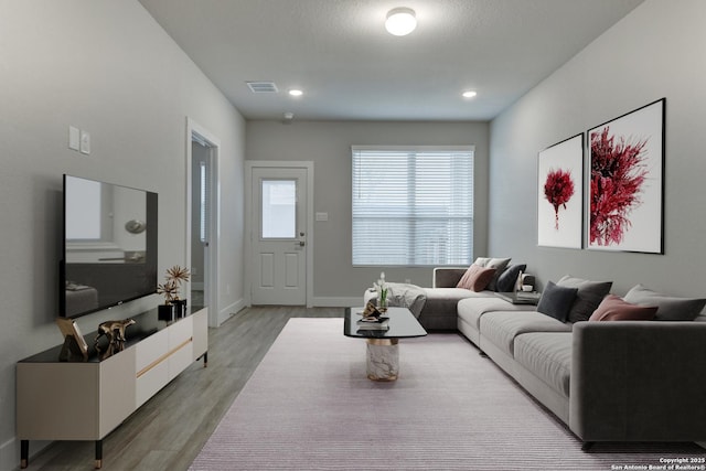 living room with light hardwood / wood-style floors