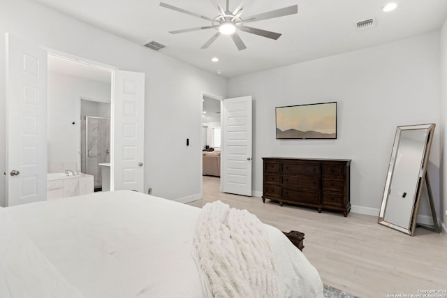 bedroom featuring ensuite bathroom, ceiling fan, and light hardwood / wood-style floors