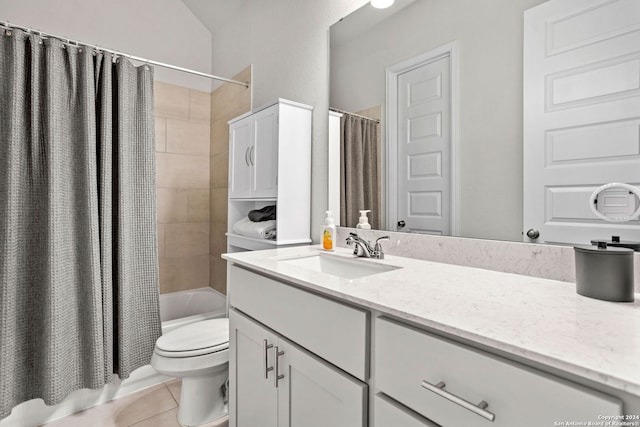 full bathroom featuring tile patterned floors, toilet, lofted ceiling, vanity, and shower / bath combo with shower curtain