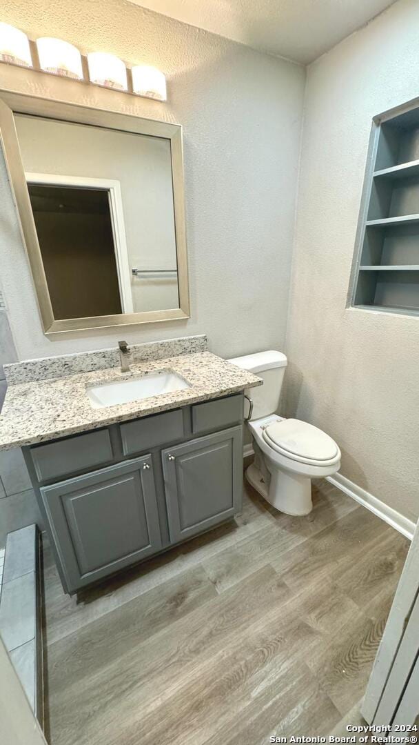 bathroom featuring hardwood / wood-style flooring, vanity, and toilet