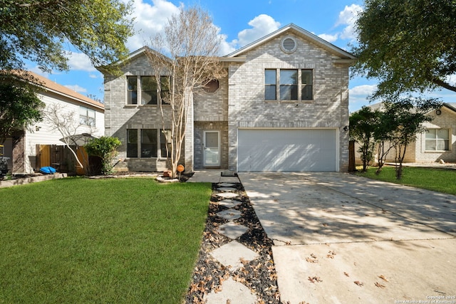 front facade featuring a garage and a front lawn