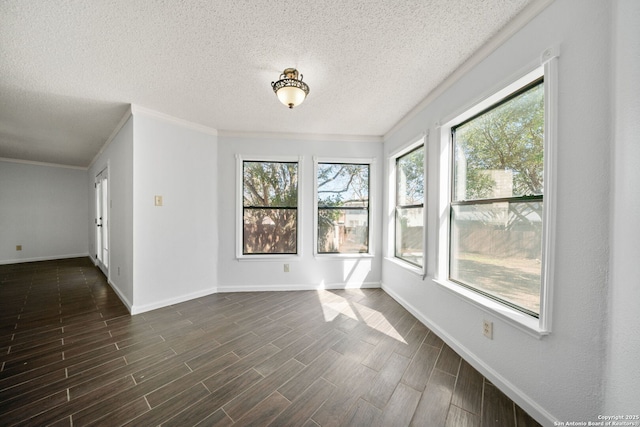 unfurnished room with crown molding, a wealth of natural light, and a textured ceiling