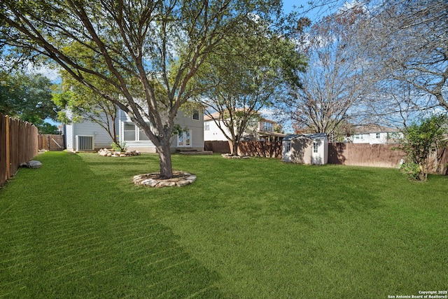 view of yard with a storage shed