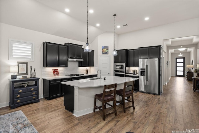 kitchen with dark cabinets, appliances with stainless steel finishes, and a sink