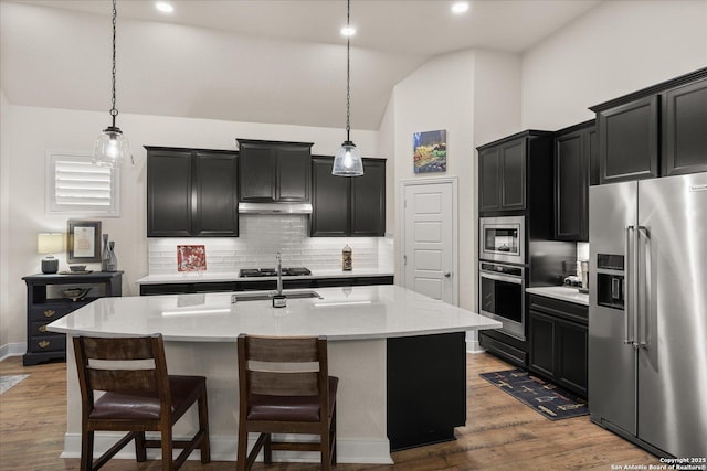 kitchen featuring a sink, under cabinet range hood, appliances with stainless steel finishes, and dark cabinets