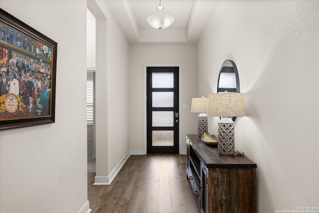 foyer with a tray ceiling, baseboards, and hardwood / wood-style flooring