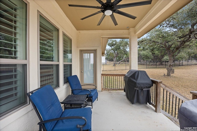 view of patio / terrace featuring ceiling fan, grilling area, and fence