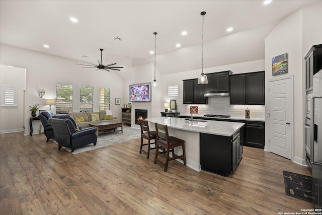 kitchen with gas stovetop, light countertops, open floor plan, dark cabinetry, and a lit fireplace