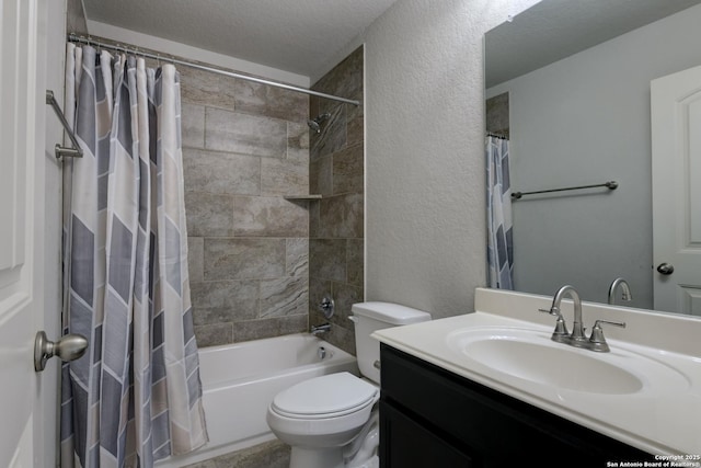 full bathroom with vanity, shower / bathtub combination with curtain, a textured ceiling, and toilet